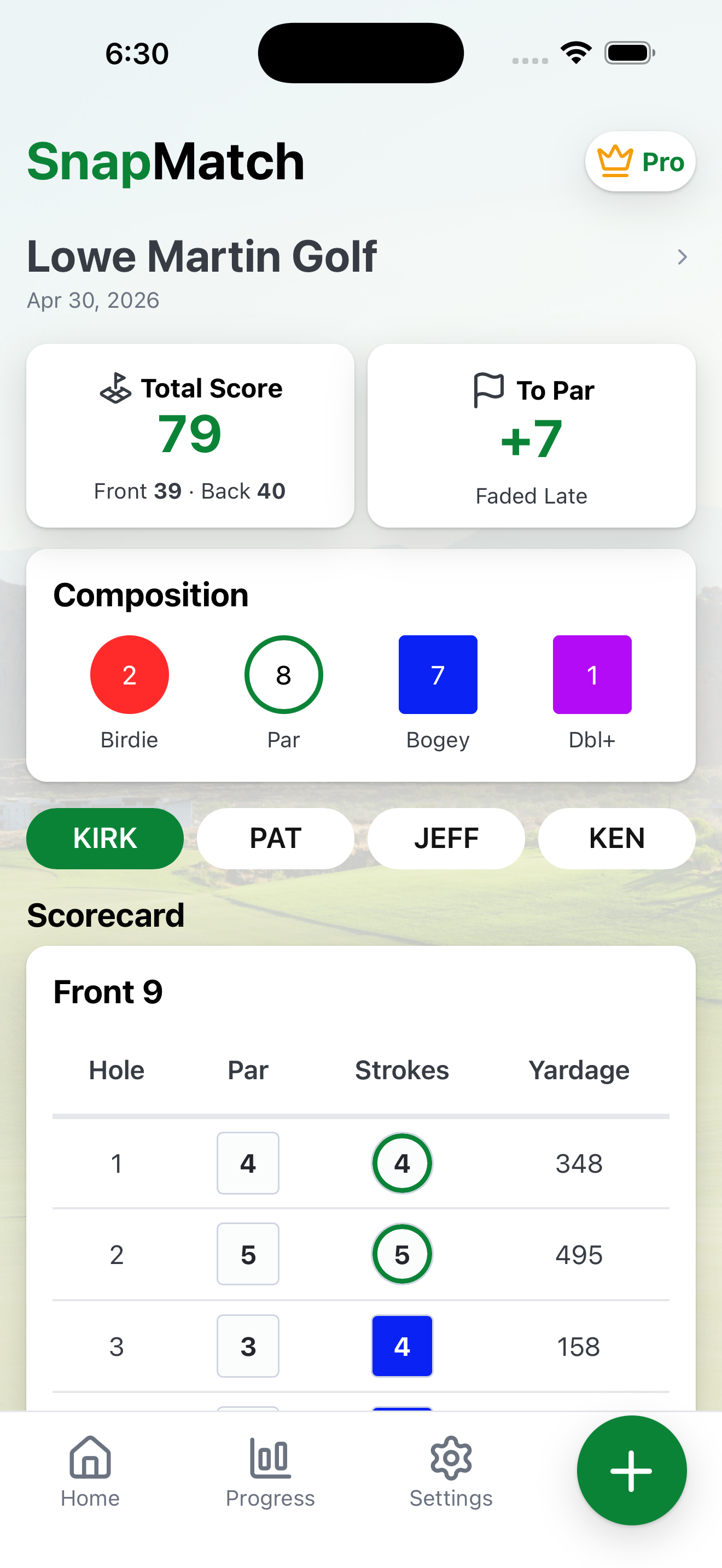 SnapMatch scorecard screen